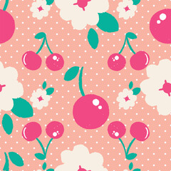 Cherries and flowers seamless pattern design on polka dots