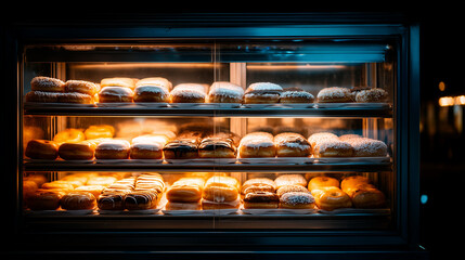 Celebrate National Doughnut Week with a Glowing Display of Freshly Baked Powdered and Filled Donuts, A Perfect Sweet Treat Showcase for Bakery Lovers and Food Enthusiasts