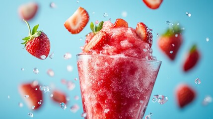 Refreshing strawberry slush with fresh sliced berries and splashing drops on a blue background