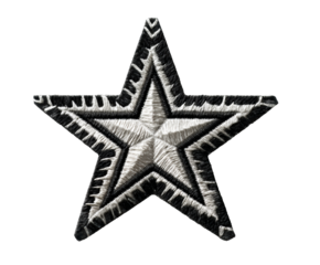Black and white embroidered star design for creative projects on a transparent background, cut out
