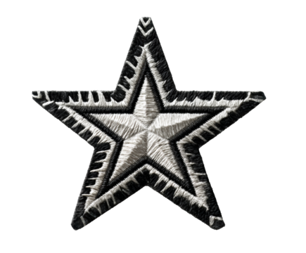 Black and white embroidered star design for creative projects on a transparent background, cut out