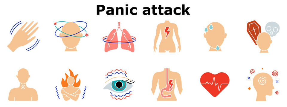 Panic attack set icon. Dizziness, trembling, chest pain, nausea, sweating, suffocation, fear, disorientation, hot flashes, rapid heartbeat, blurred vision, mental confusion. Multicolored icons.