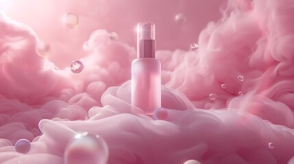 Weightless facial essence bottle mockup gently floating above a silky pink mist surrounded by swirling orbs of soft diffused light resembling celestial halos