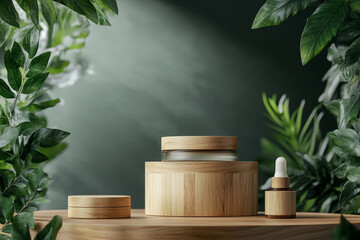 Natural beauty product with wooden podium texture