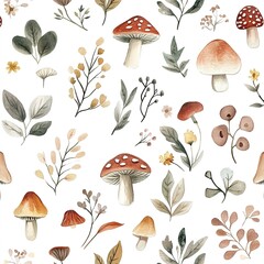 Watercolor Mushroom Floral Seamless Pattern