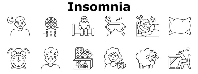 Insomnia set icon. Sadness at night, dreamcatcher, sleeplessness, eye mask, disturbed rest, pillow, clock, melatonin, tired face, coffee, sheep, fatigue.