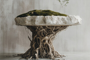 Natural product layout with root-covered stone pedestal