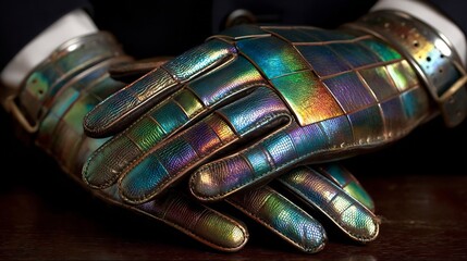 Iridescent Leather Gloves with Fashion Accessory, and Closeup.