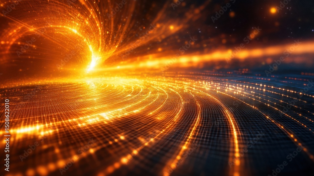 Poster abstract golden light tunnel with grid pattern and starry background for technology concepts