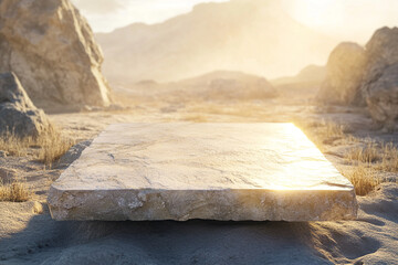 Natural stone slab podium under desert sunlight