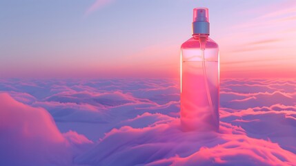 Weightless setting spray bottle mockup hovering above an endless ocean of mist reflecting the soft neon hues of a glowing dreamscape sky