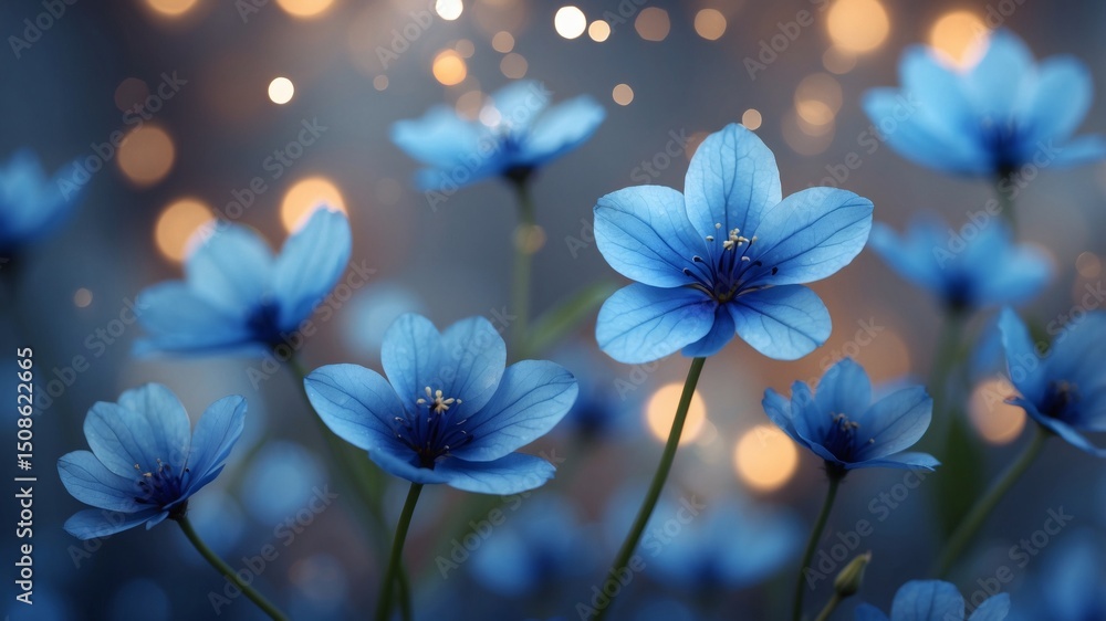Poster a vibrant display of delicate blue flowers with soft bokeh background, evoking a sense of peace and 