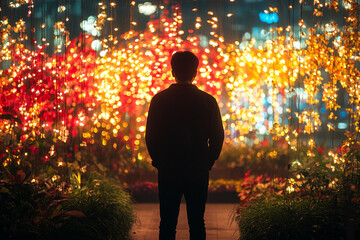 Man standing in a garden of glowing flowers silhouette