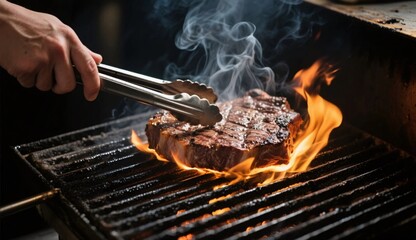 Chef Flipping Sizzling Meat on Grill with Metal Tongs in Moody Lighting