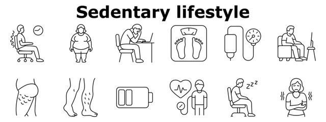 Sedentary lifestyle set icon. Back pain, obesity, fatigue, high blood pressure, poor circulation, tired legs, low energy, inactivity, varicose veins, health decline.