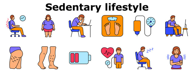 Sedentary lifestyle set icon. Back pain, obesity, fatigue, high blood pressure, poor circulation, tired legs, low energy, inactivity, varicose veins, health decline. Multicolored icons