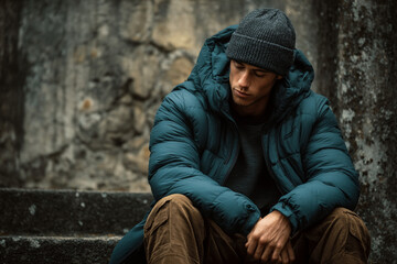 Fototapeta premium Man sits thoughtfully on steps wearing a blue puffy jacket and knit beanie in a gritty urban setting during cool weather
