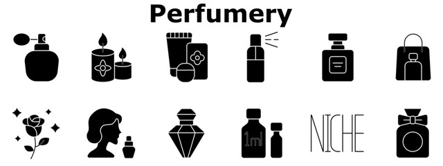 Perfumery set icon. Spray bottle, scented candles, cosmetic packaging, aromatic sprayer, luxury bottle, tester sample, rose scent, niche perfume, shopping.