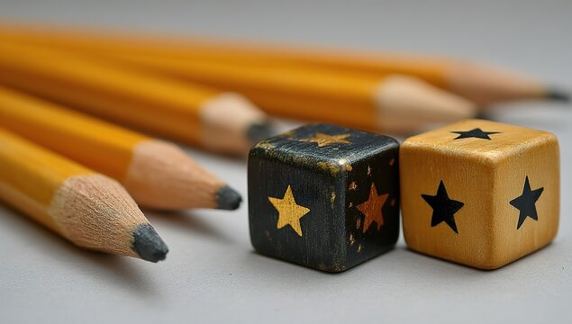 Two Dice with Stars Next to Pencils