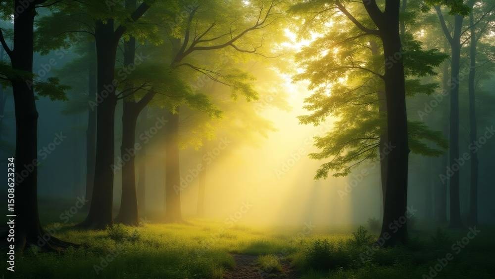 Aufkleber golden sunlight filtering through the mist of a lush forest, creating a magical and serene atmospher