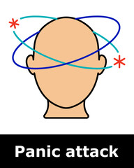Panic attack icon. Head with orbiting lines and asterisks showing dizziness, mental disorientation, instability, confusion, sensory overload, balance disturbance.