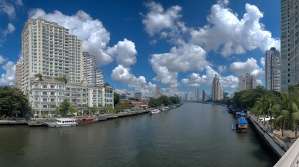 Fototapeta premium Scenic View of River with Modern Cityscape and Blue Sky
