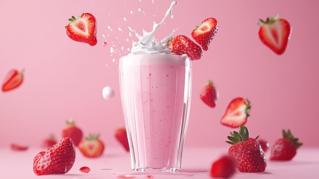 Refreshing strawberry milkshake splash with whipped cream on pink background