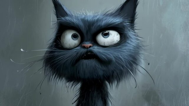 Grummelige schwarze Katze verzieht das Gesicht. Ver&auml;rgerte Cartoon Katze im Regen.