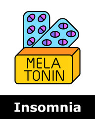 Insomnia icon. Medicine box with purple capsules labeled melatonin for natural support of sleep cycle regulation.