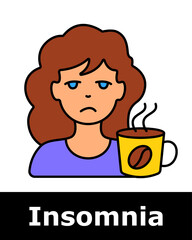 Insomnia icon. Tired woman holding steaming coffee cup, symbolizing morning fatigue and reliance on caffeine after sleepless night.