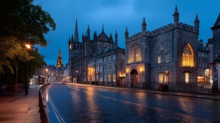 Fototapeta premium Historic Street Scene at Dusk in Edinburgh with Illuminated Buildings