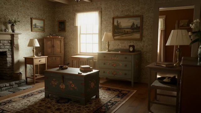 Warm and inviting traditional style living room interior shot with antique furniture and fireplace