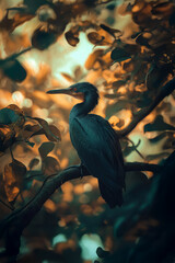Naklejka premium Little blue heron perching on branch in mangrove forest