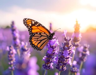 Fototapeta premium Monarch butterfly on lavender at sunset