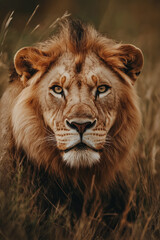 Fototapeta premium Majestic lion staring in the african savanna grass