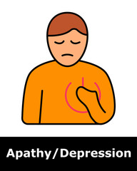 Apathy icon. Person with sad expression and power symbol on chest, indicating loss of motivation and emotional disconnection.