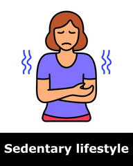 Sedentary lifestyle icon. Woman with tired face and arm pain, symbolizing physical discomfort from prolonged inactivity.