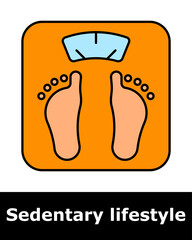 Sedentary icon. Feet on weight scale, representing obesity, body mass concerns, and physical inactivity.