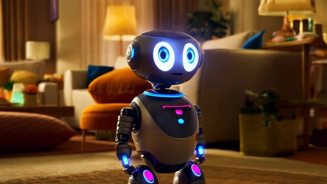Haushaltsroboter scannt die Wohnung. Animiertes Video mit Roboter Charakter.