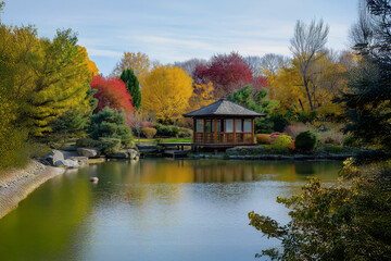 Fototapeta premium Wooden gazebo reflecting on calm lake during autumn foliage peak