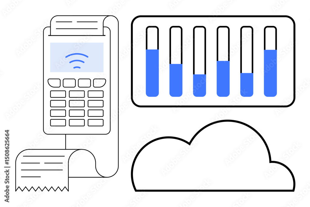 Poster payment terminal with receipt, bar graph data analytics, and cloud icon, highlighting seamless digit