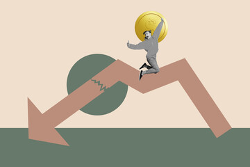 Full 3d image collage of inexperienced businesswoman businessman stand arrow decline dollar loss...