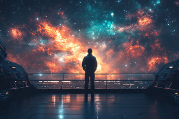 Man standing on a spaceship deck