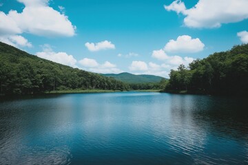 Breathtaking lake surrounded by lush green forest under blue sky