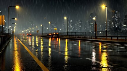 Rainy City Night Road with Urban Traffic, and Lights.