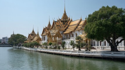 Obraz premium Beautiful Historic Temple with Golden Roofs by Serene Water in Thailand