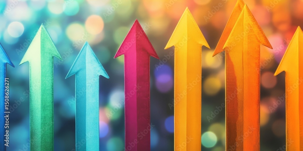 Poster vibrant arrows ascend through a colorful bokeh backdrop, symbolizing progress and dynamic energy