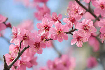Pink cherry blossom flowers blooming on branch in spring