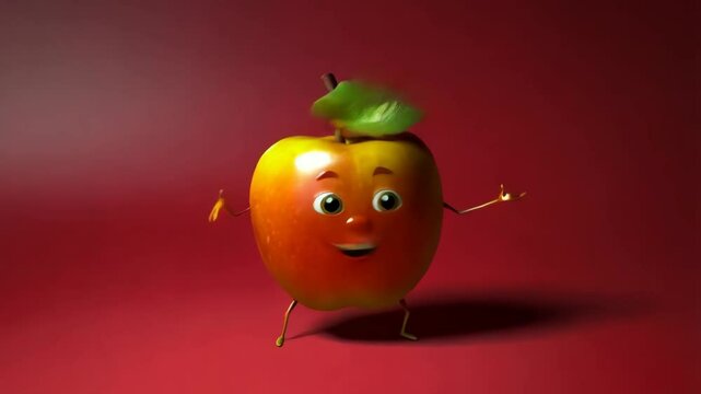 Tanzender Apfel mit guter Laune. Lustiger Cartoon Charakter. 3D Figur mit positiver Ausstrahlung.
