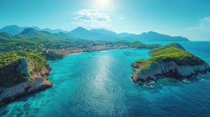 Fototapeta premium Coastal town nestled in a turquoise bay, mountains rise behind